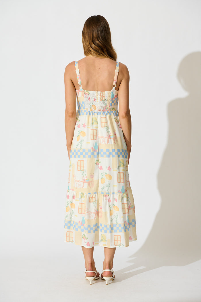 Calli Midi Sundress in Yellow Multi Lemon Linen Blend back