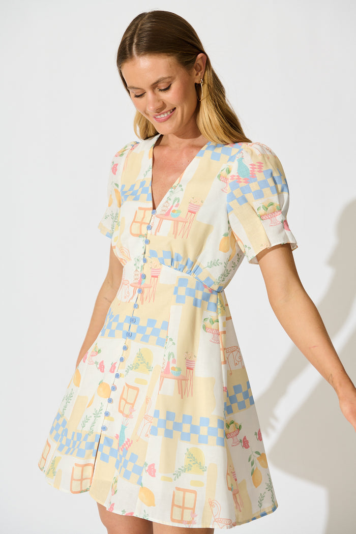 Anelli Dress in Yellow Multi Lemon Linen Blend front