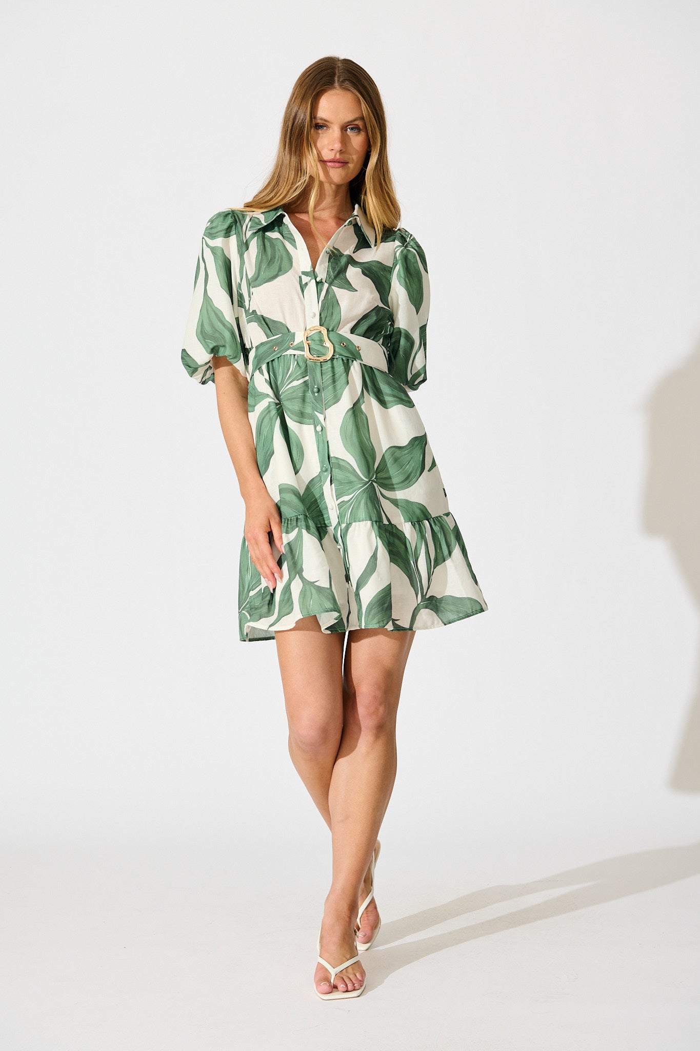 Jonna Shirt Dress in Cream with Green Leaf Linen Blend full length