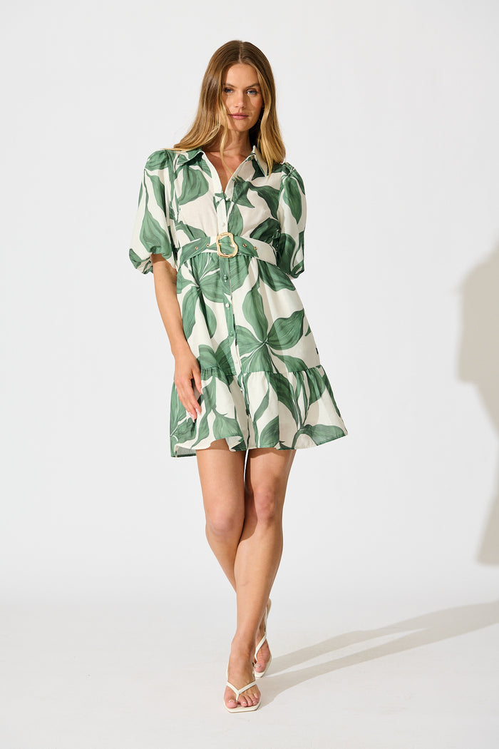 Jonna Shirt Dress in Cream with Green Leaf Linen Blend full length