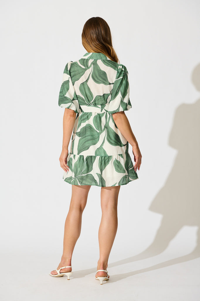 Jonna Shirt Dress in Cream with Green Leaf Linen Blend back
