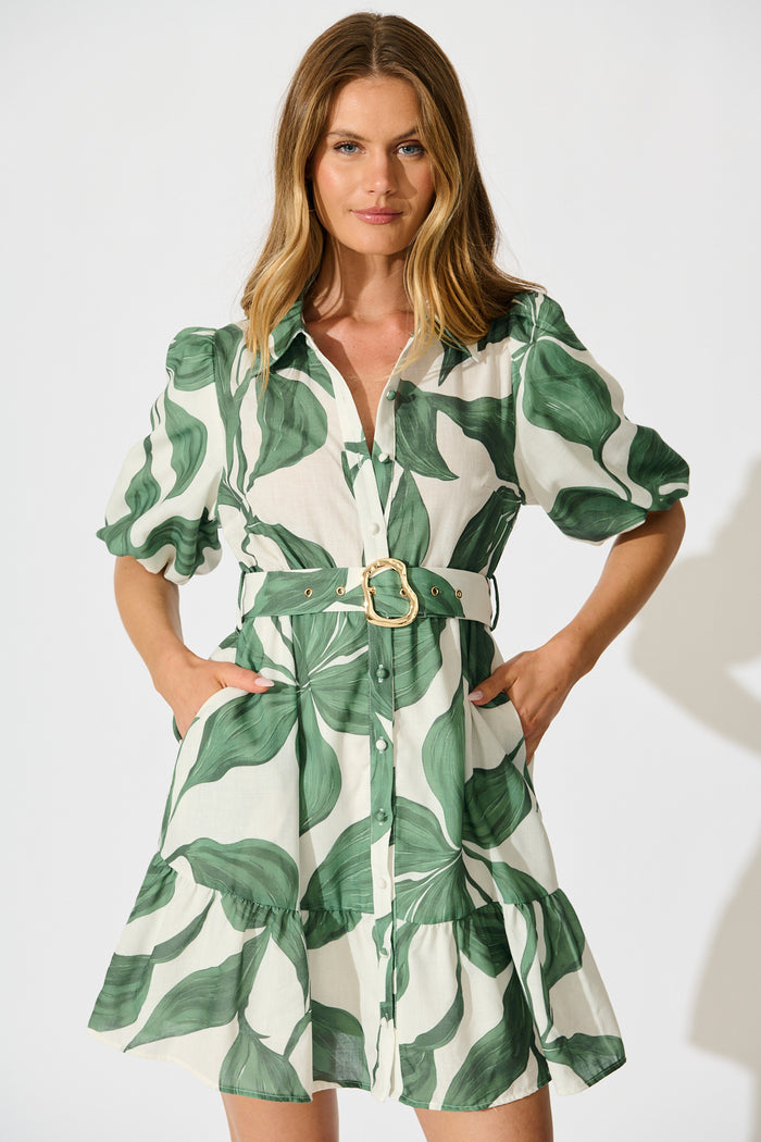 Jonna Shirt Dress in Cream with Green Leaf Linen Blend front
