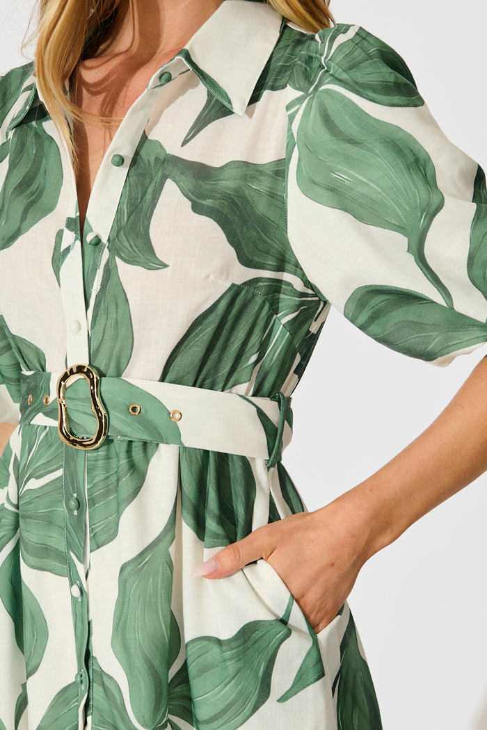Jonna Shirt Dress in Cream with Green Leaf Linen Blend detail