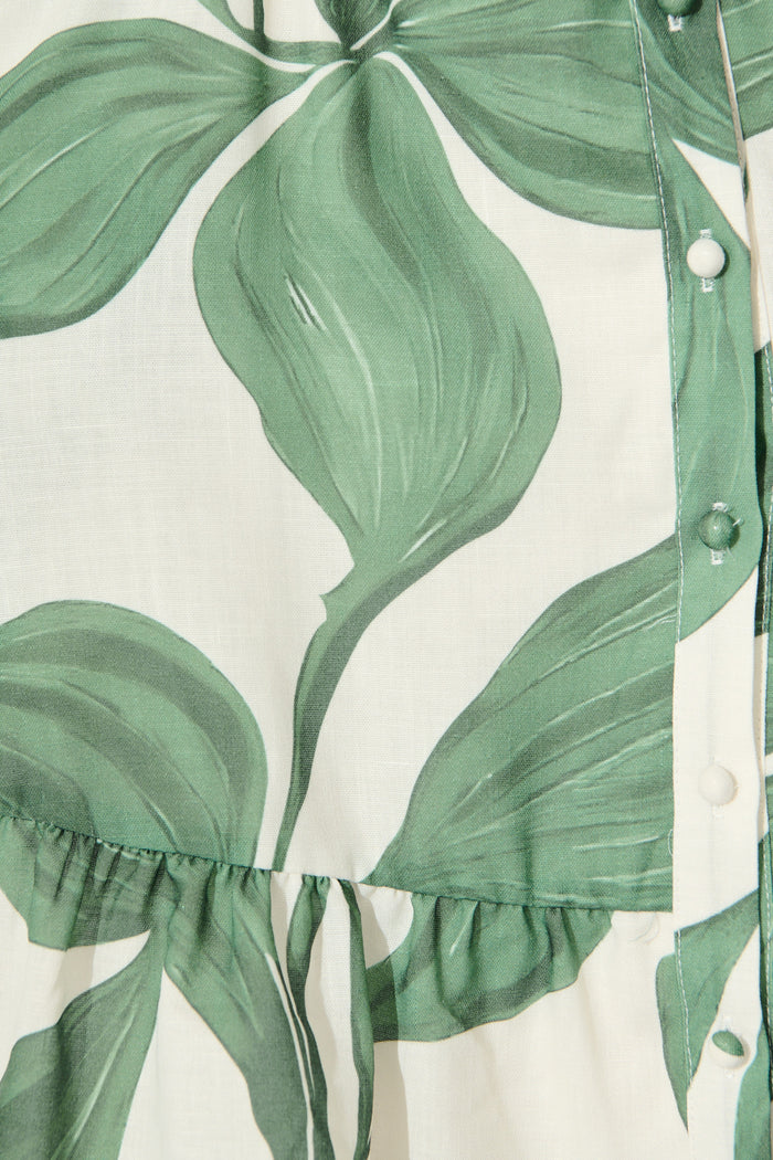 Jonna Shirt Dress in Cream with Green Leaf Linen Blend fabric