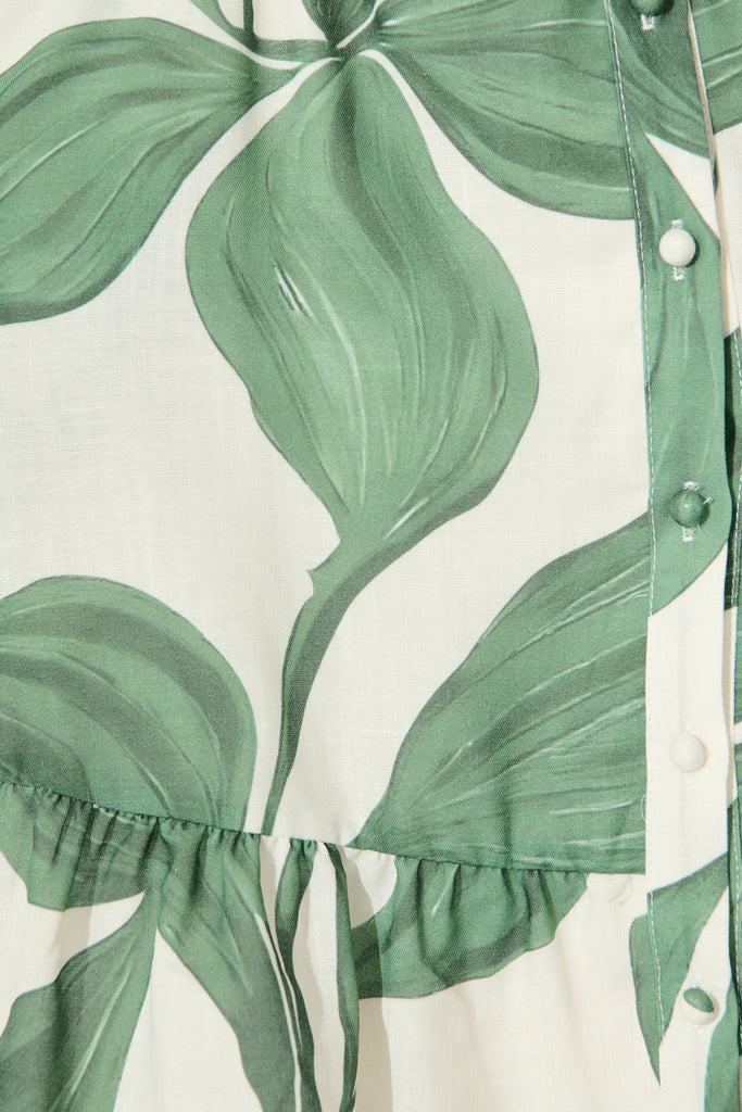 Jonna Shirt Dress in Cream with Green Leaf Linen Blend fabric