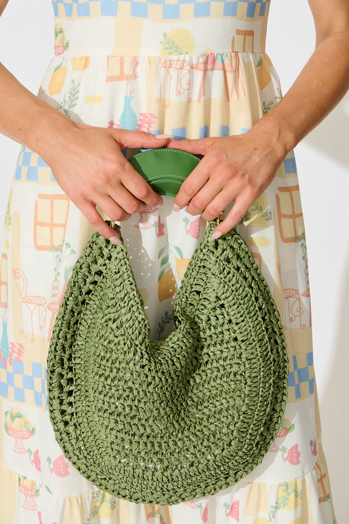 Bohemian Hobo Bag in Green Raffia on model front crop