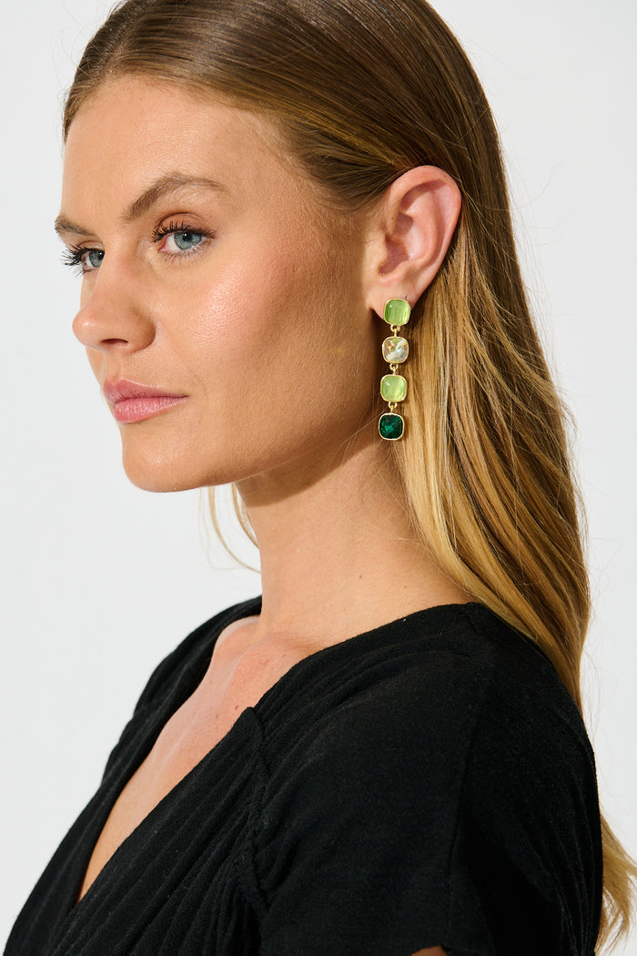 Liana Drop Earrings In Multi Emerald on model side