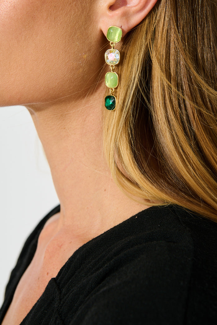 Liana Drop Earrings In Multi Emerald on model closeup
