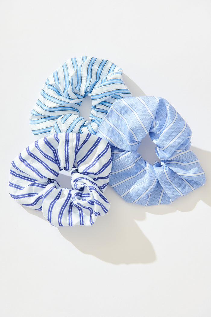 Laurel 3 Pack Scrunchie In Multi Blue Stripe flatlay