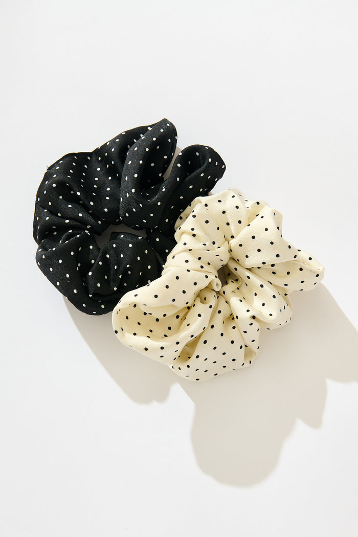 Dotty 2 Pack Scrunchie In Black and White Polka Dot flatlay