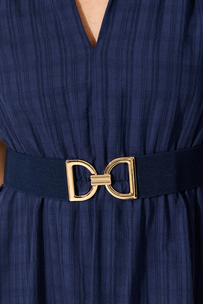 Carrie Belt in Navy Stretch on model close up