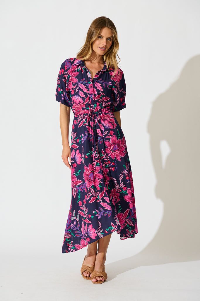 Isla Botanica Midi Shirt Dress in Navy with Pink Floral full length