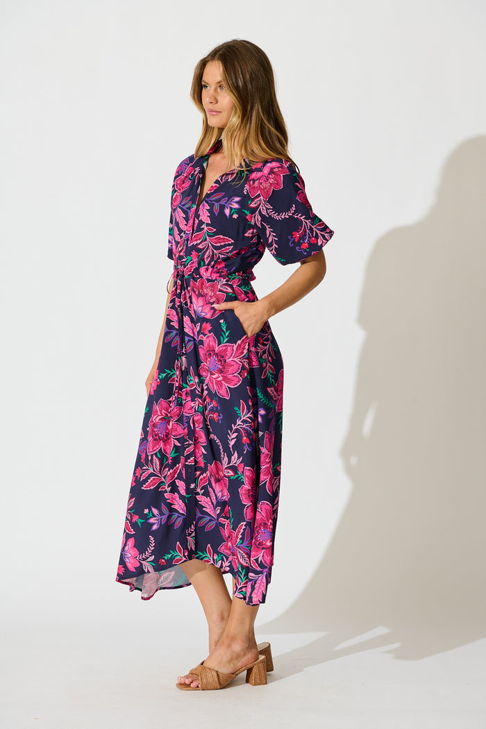 Isla Botanica Midi Shirt Dress in Navy with Pink Floral side