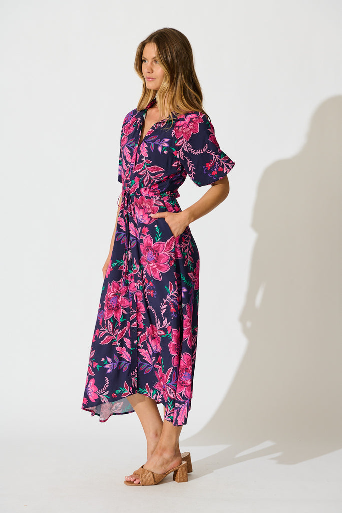 Isla Botanica Midi Shirt Dress in Navy with Pink Floral side