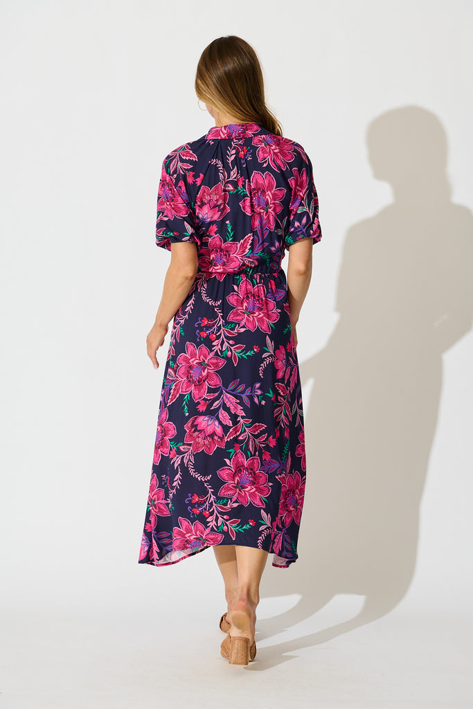 Isla Botanica Midi Shirt Dress in Navy with Pink Floral back