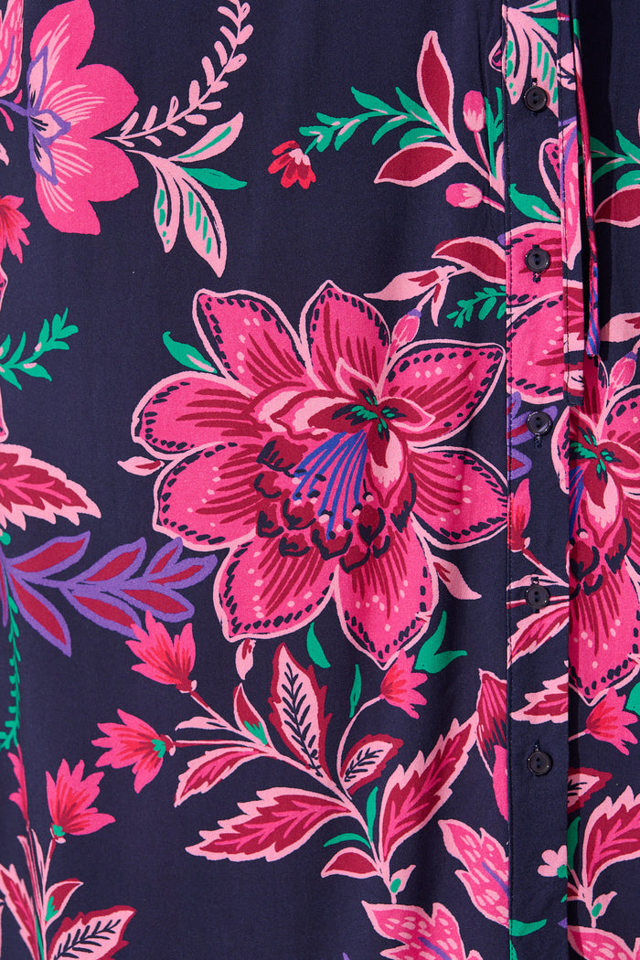 Isla Botanica Midi Shirt Dress in Navy with Pink Floral fabric