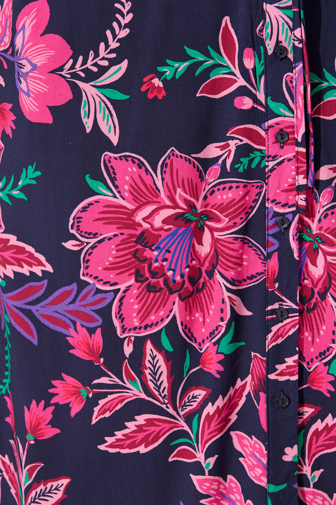 Isla Botanica Midi Shirt Dress in Navy with Pink Floral fabric