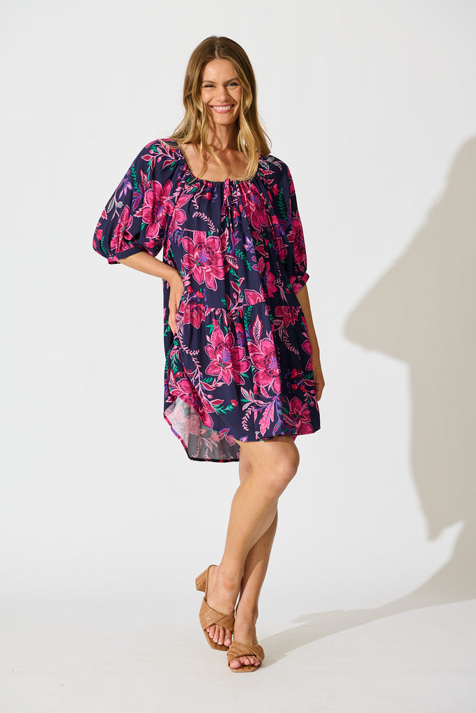 Beryll Smock Dress In Navy with Pink Floral full length