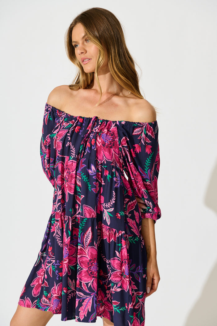 Beryll Smock Dress In Navy with Pink Floral front