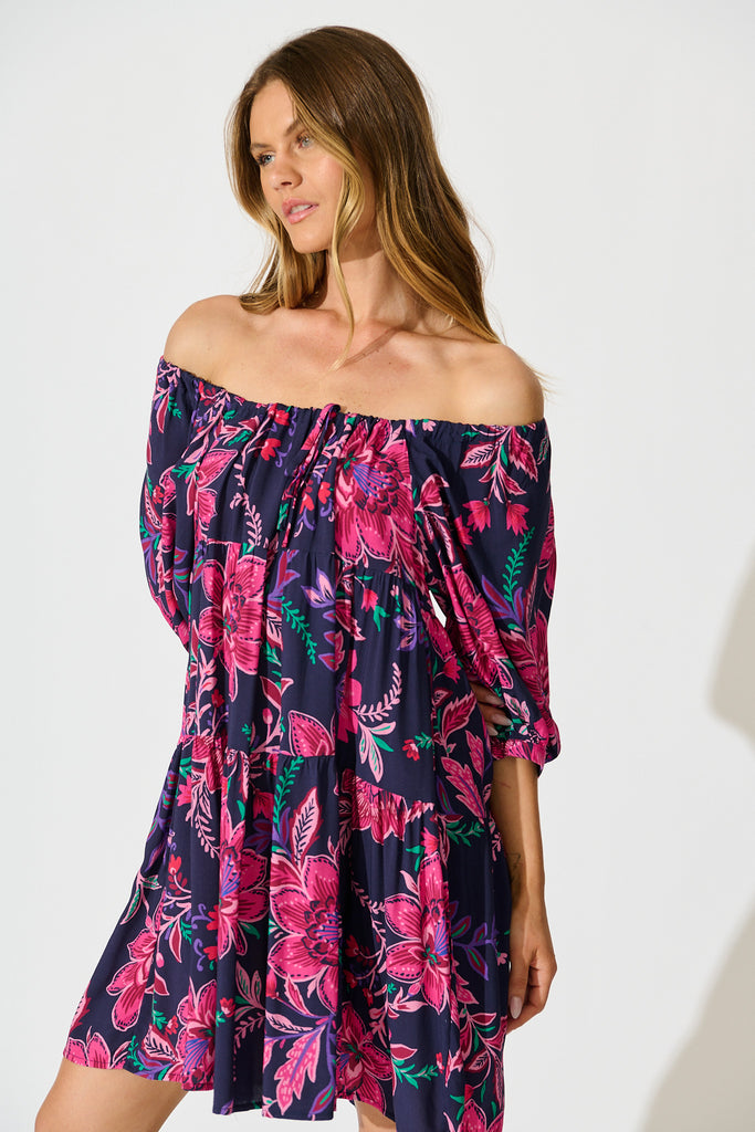 Beryll Smock Dress In Navy with Pink Floral front