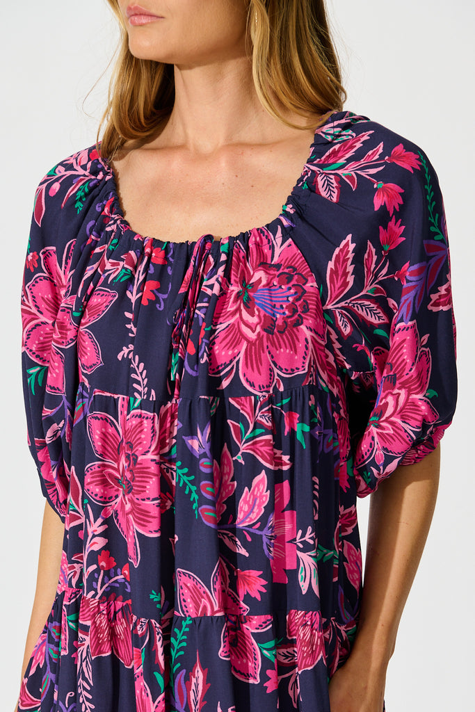 Beryll Smock Dress In Navy with Pink Floral detail
