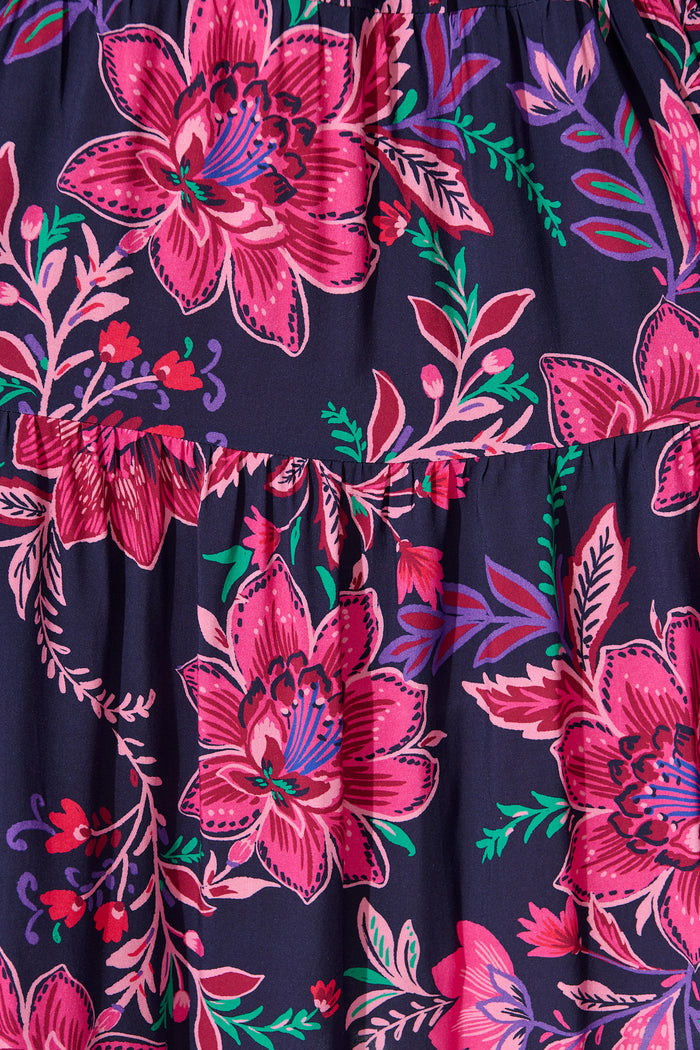Beryll Smock Dress In Navy with Pink Floral fabric