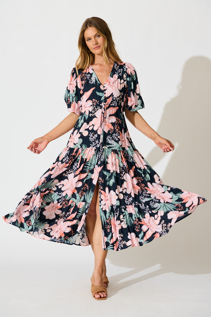 Carwen Maxi Dress in Navy with Multi Floral full length