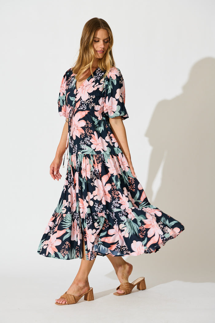 Carwen Maxi Dress in Navy with Multi Floral side