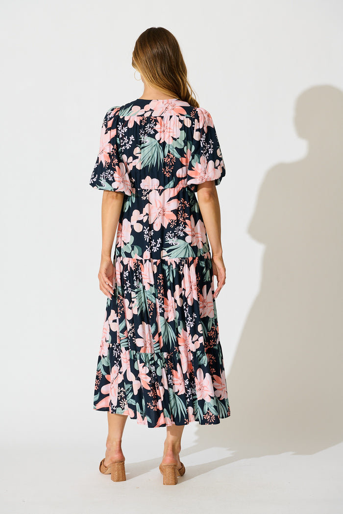 Carwen Maxi Dress in Navy with Multi Floral back