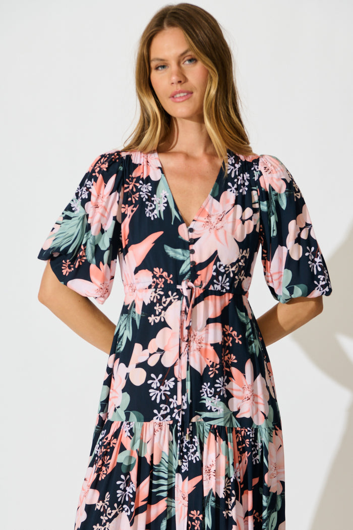 Carwen Maxi Dress in Navy with Multi Floral front