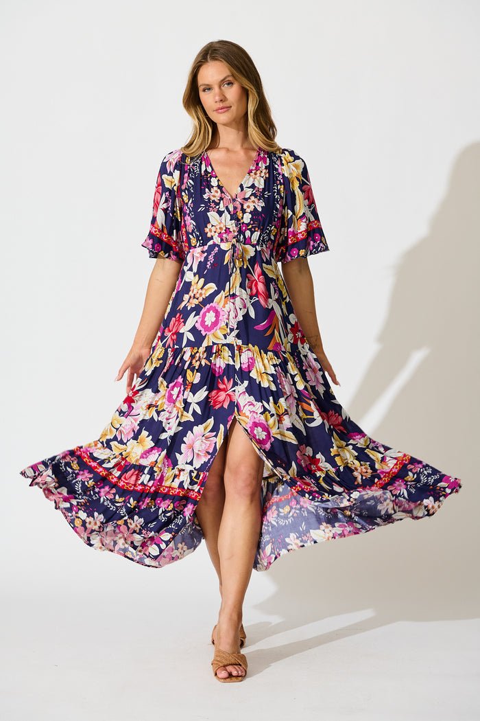 Carwen Maxi Dress in Navy with Pink Floral full length