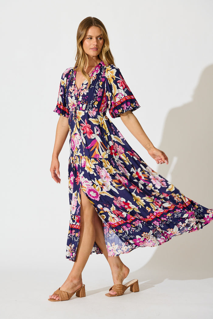 Carwen Maxi Dress in Navy with Pink Floral side