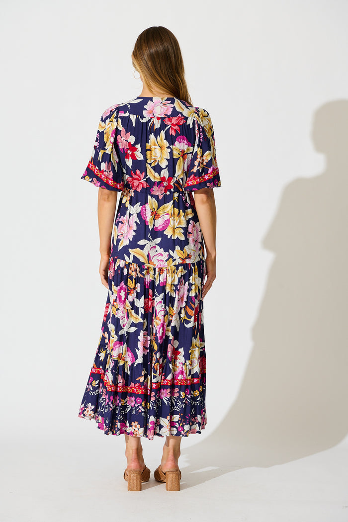 Carwen Maxi Dress in Navy with Pink Floral back