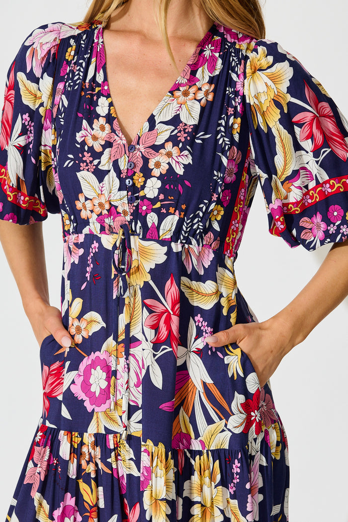 Carwen Maxi Dress in Navy with Pink Floral detail