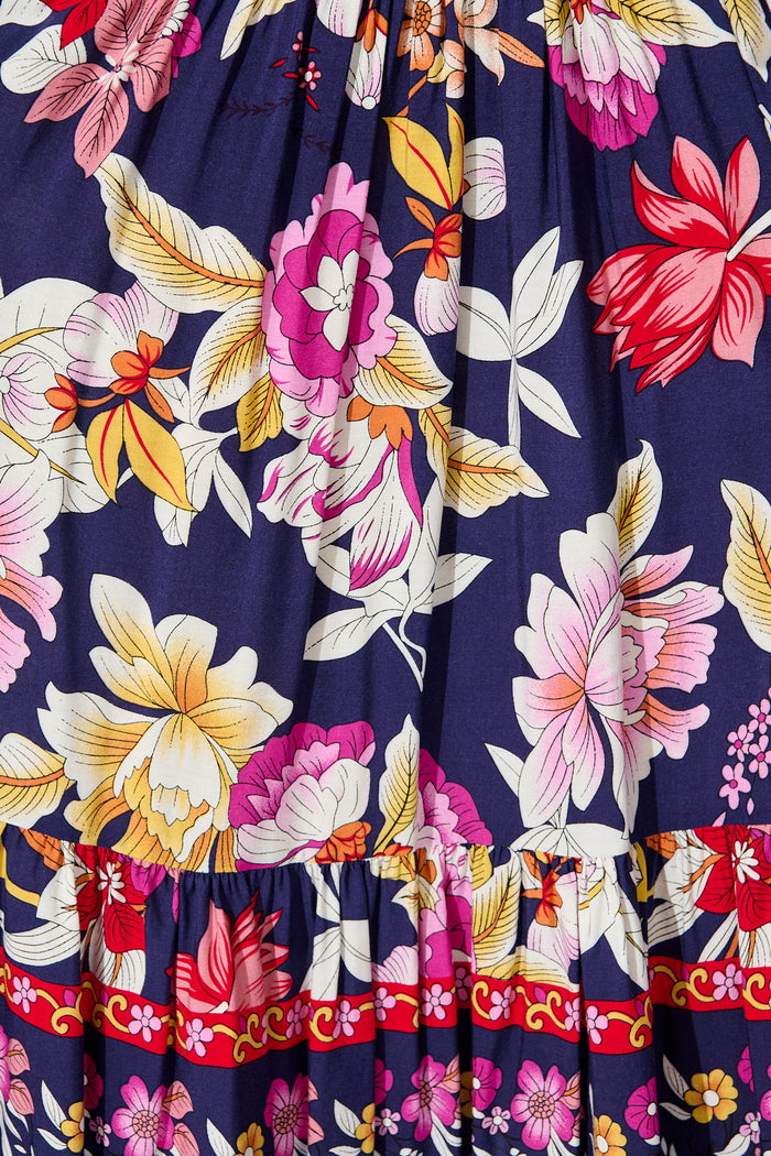 Carwen Maxi Dress in Navy with Pink Floral fabric