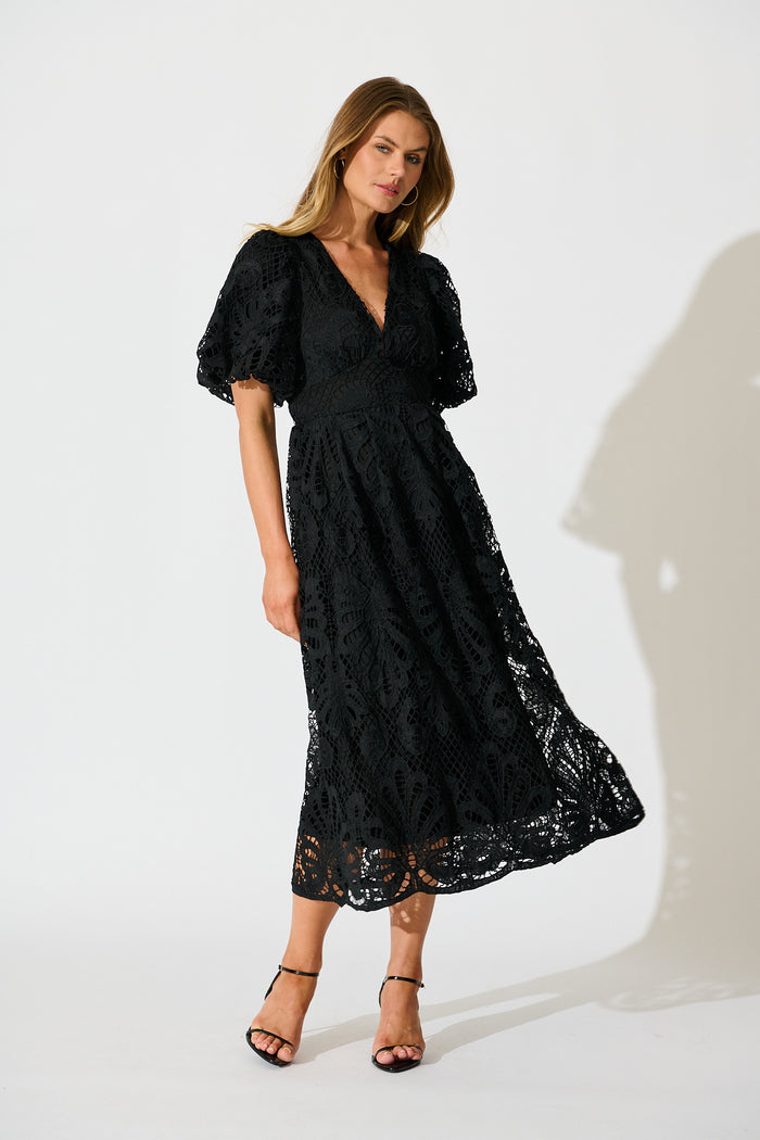 Serene Melody Lace Maxi Dress In Black full length