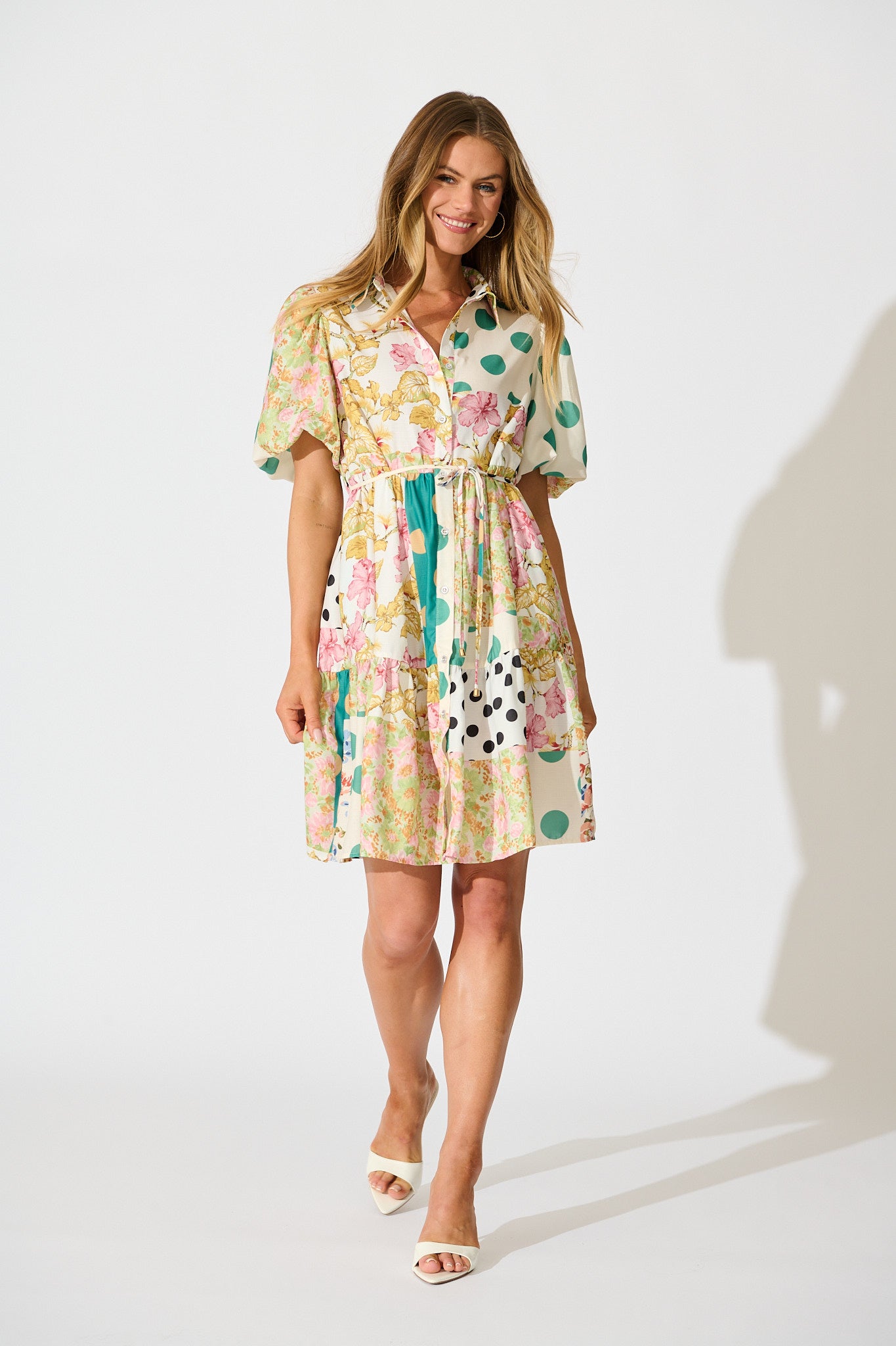 Breeanne Shirt Dress in Multi Green Patchwork Print full length