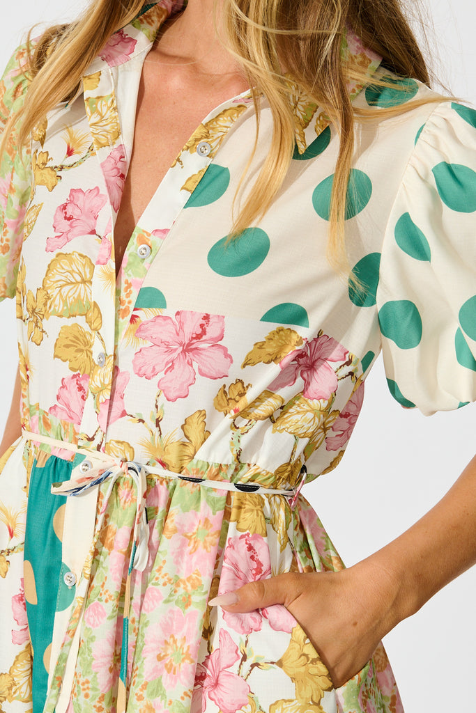 Breeanne Shirt Dress in Multi Green Patchwork Print detail