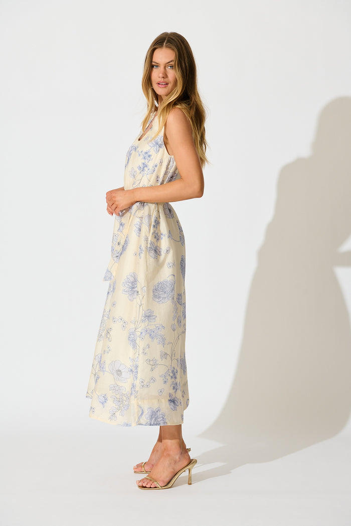 Velaris Midi Dress in Cream with Blue Floral side