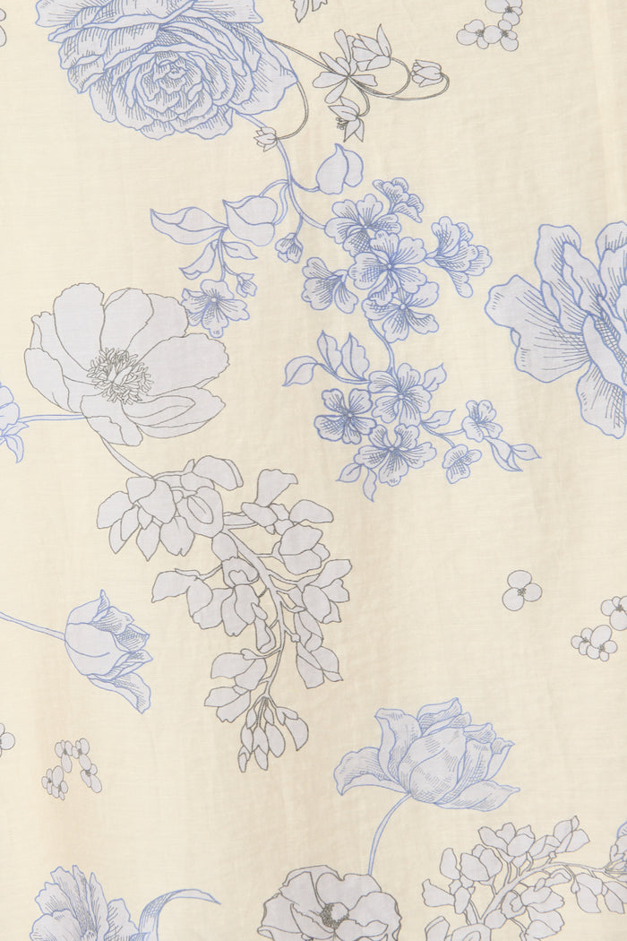 Velaris Midi Dress in Cream with Blue Floral fabric