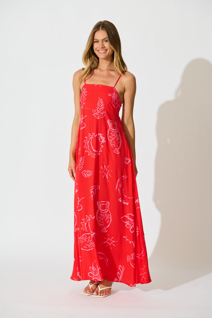 Lavara Maxi Sundress in Red with Pink Print full length