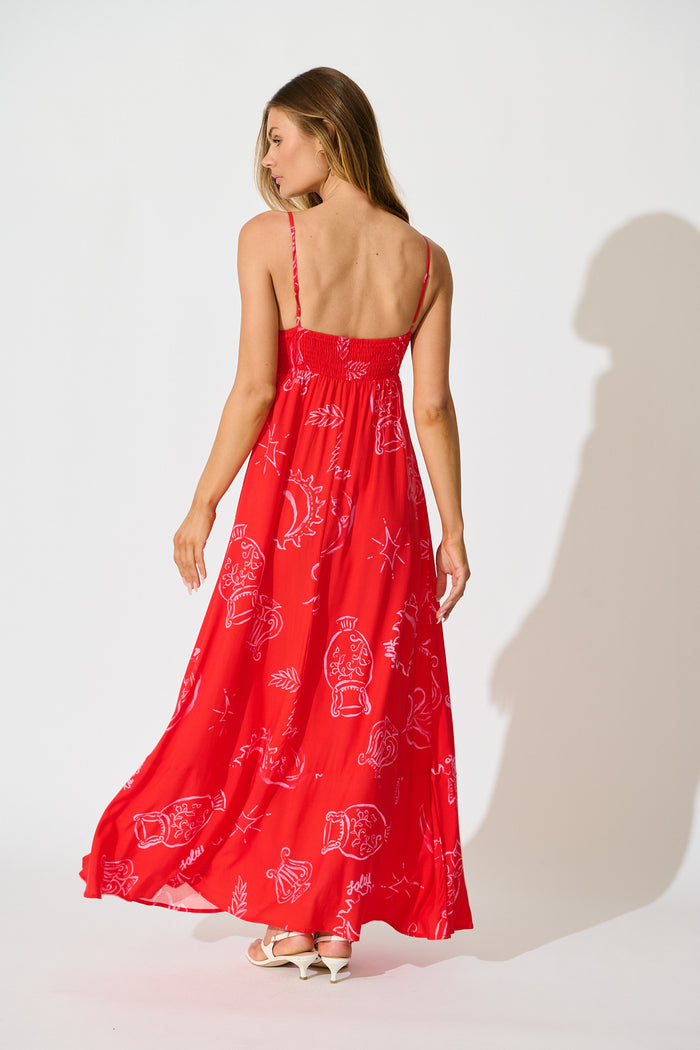 Lavara Maxi Sundress in Red with Pink Print back