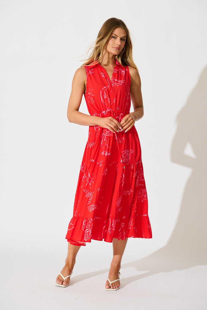 Maelle Midi Dress in Red with Pink Print full length