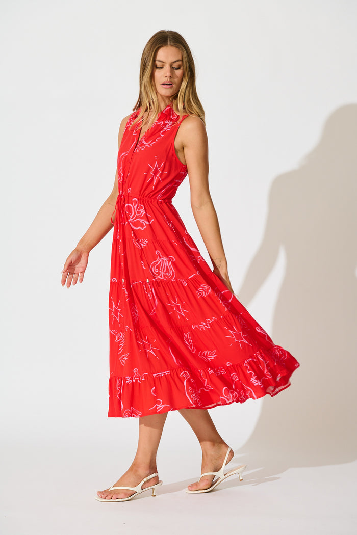 Maelle Midi Dress in Red with Pink Print side