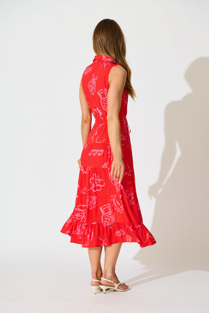 Maelle Midi Dress in Red with Pink Print back