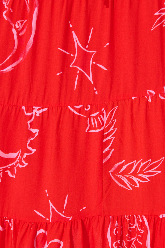 Maelle Midi Dress in Red with Pink Print fabric
