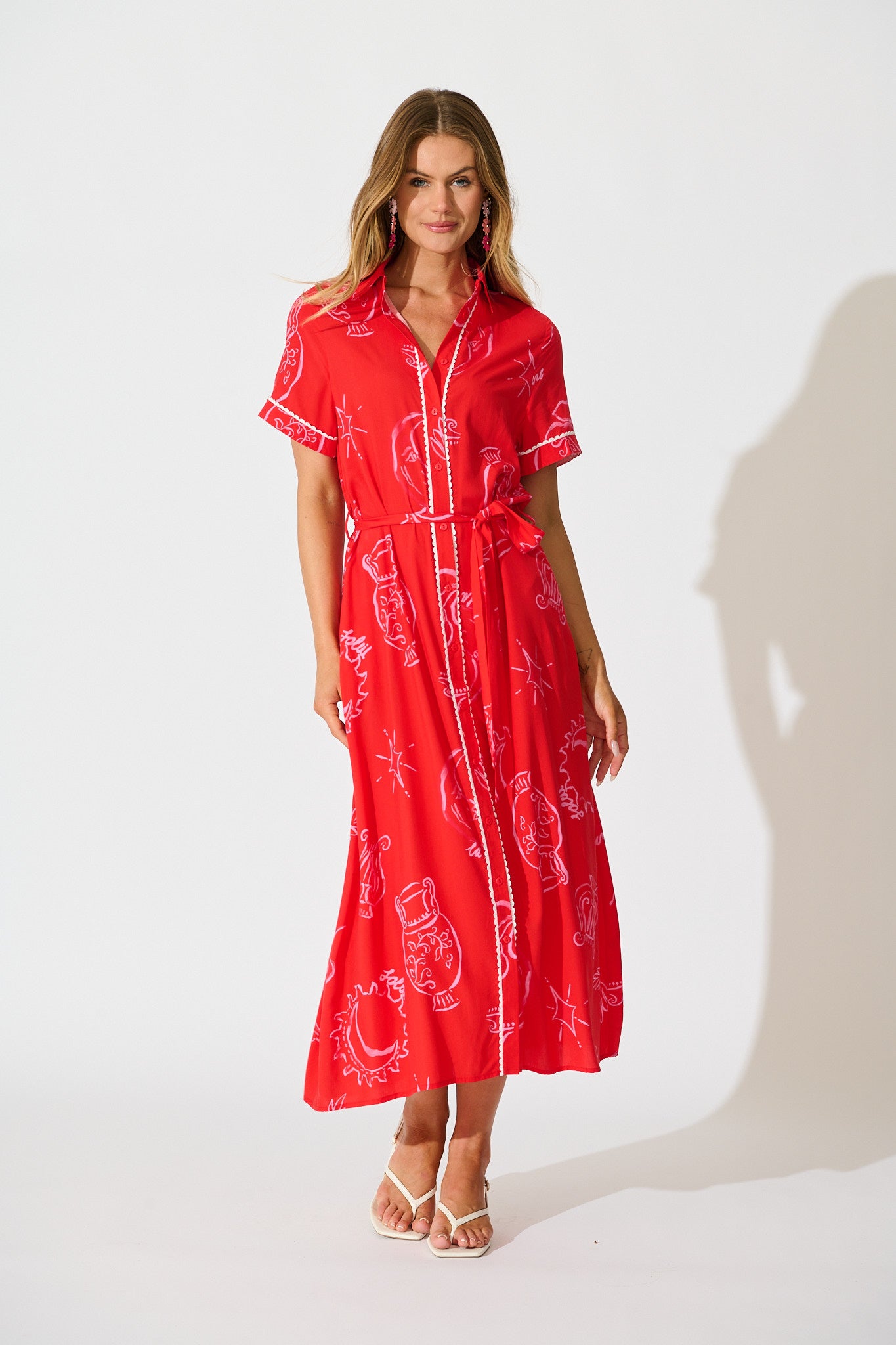 Hope Midi Shirt Dress in Red with Pink Print full length