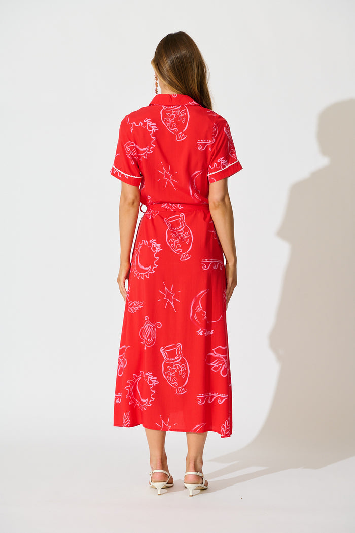 Hope Midi Shirt Dress in Red with Pink Print back