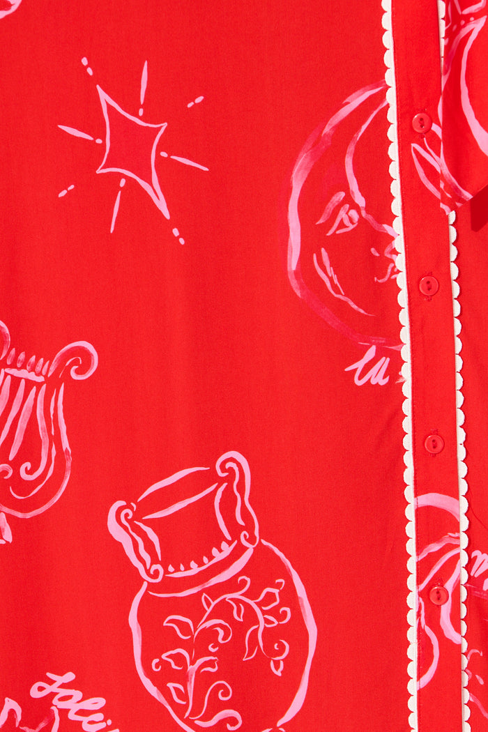 Hope Midi Shirt Dress in Red with Pink Print fabric