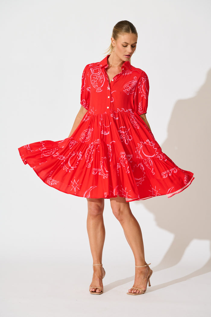 Sana Dress in Red with Pink Print full length